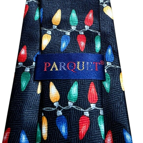 VTG Parquet Christmas Light Neck Tie Multicolor Bulbs Navy Blue Holiday Novelty - Picture 3 of 6